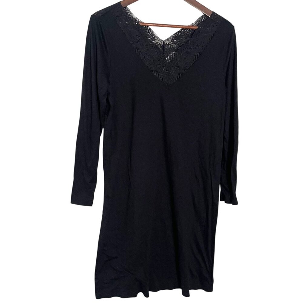 Hanro of Switzerland Lace Trim Nightgown S Black Long Sleeve Modal Silk Blend